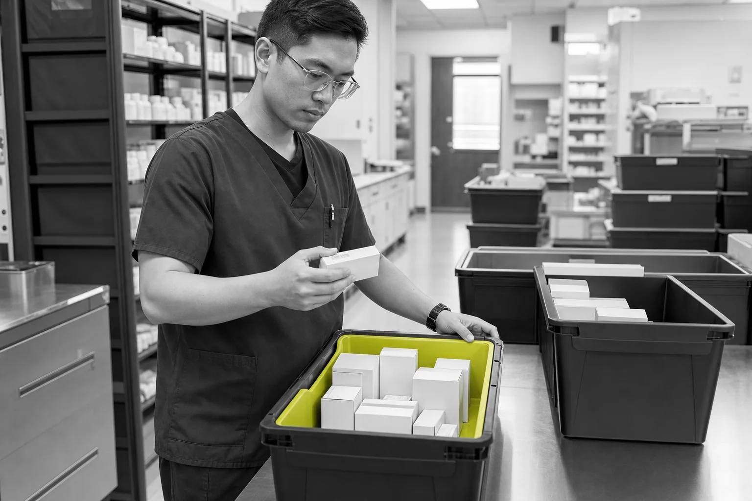 Hospital pharmacy environment with organized medicine storage